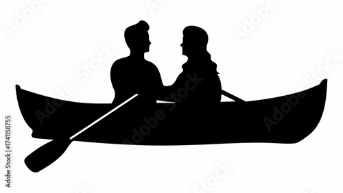 Silhouette of a couple in a canoe, one person rowing with a paddle on a white background illustration