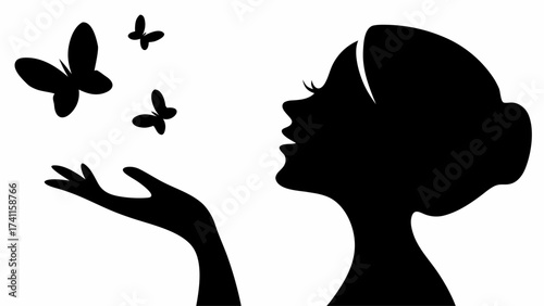 Silhouette of a woman with butterflies flying from her hand in a black and white illustration style