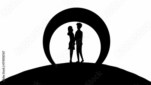 Silhouette of a couple standing under a circular archway on a hill against a white background design art