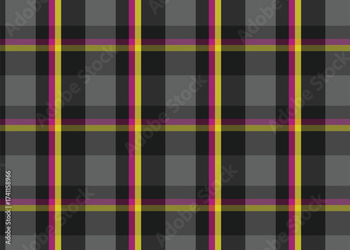 Gray tartan plaid seamless pattern with yellow and magenta stripes