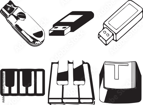 Collection of usb flash drives and musical keyboard icons symbolizing digital music and technology vector