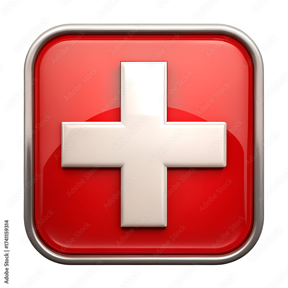 Obraz premium A shiny red square button with a prominent white medical cross symbol