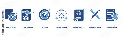 OKR banner web icon vector illustration concept for objectives and key results with icon of objective, key results, target, framework, benchmark, measurable, and verifiable