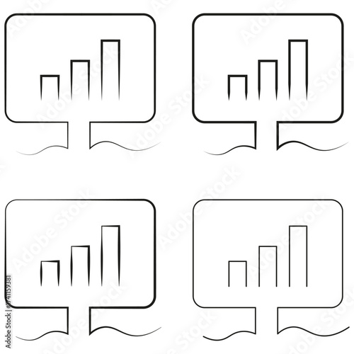 Minimalist line art illustration depicting four variations of bar graphs, showcasing growth trends and data visualization concepts with clean design elements and ample copy space