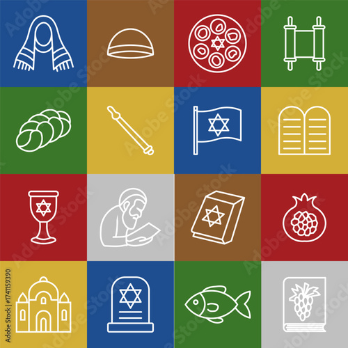 Colorful flat illustration featuring various symbols of Jewish culture, including a menorah, Star of David, challah bread, and Torah scrolls, representing traditions and heritage
