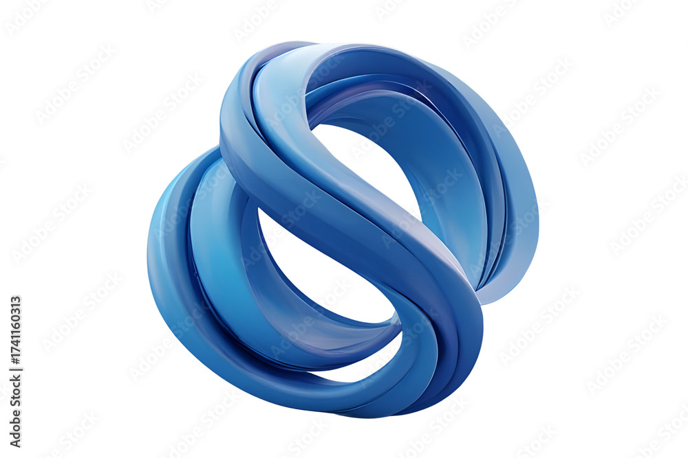 Fototapeta premium An abstract 3D interlocking double loop ribbon, mobius strip geometry, smooth textured surface, solid royal blue color, modern architectural sculpture, isolated on a white background, 3D render.
