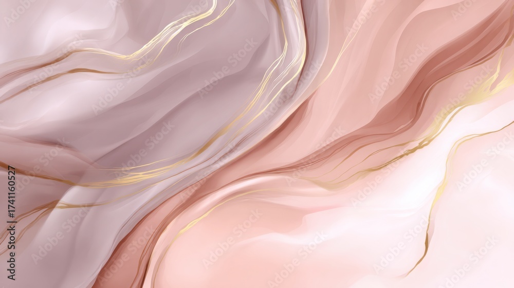 Fototapeta premium Abstract liquid marble textures in soft pink, peach, and gold, smooth flowing forms, clean space for text