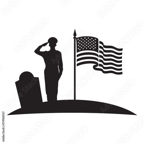 veterans day Silhouette of a soldier saluting beside a tombstone and American flag. Minimalist black-and-white memorial design symbolizing honor, patriotism, and remembrance.