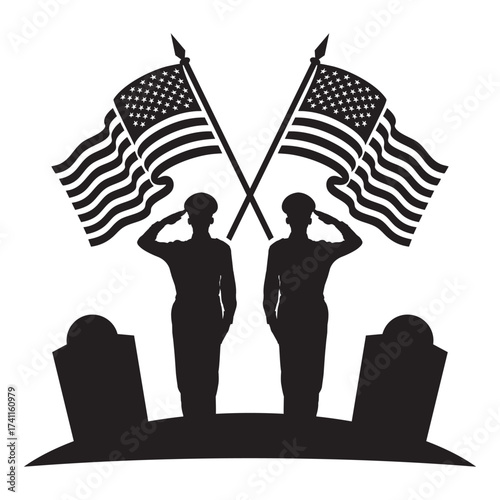 Silhouette of a soldier saluting beside a tombstone and American flag. Minimalist black-and-white memorial design symbolizing honor, patriotism, and remembrance.