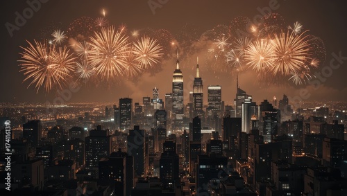 Spectacular Fireworks Display Above Urban Skyline During New Year Celebration at Night