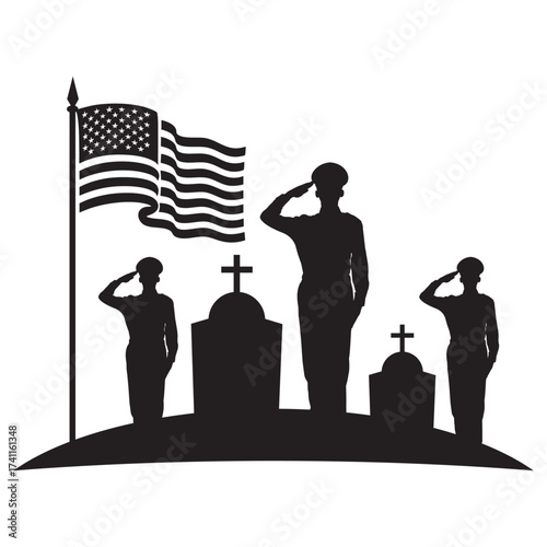 veterans day Silhouette of a soldier saluting beside a tombstone and American flag. Minimalist black-and-white memorial design symbolizing honor, patriotism, and remembrance.
