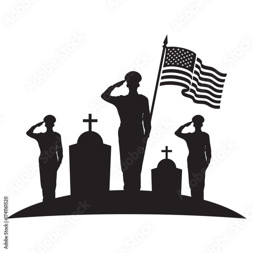 Silhouette of a soldier saluting beside a tombstone and American flag. Minimalist black-and-white memorial design symbolizing honor, patriotism, and remembrance.