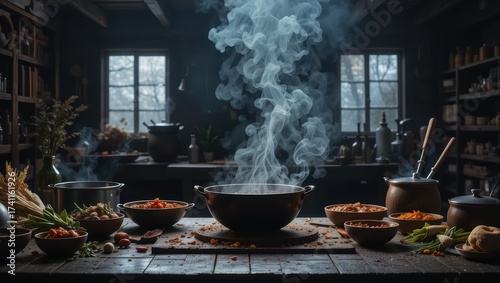 Artisan Cooking Scene with Steam Rising from a Cauldron Surrounded by Fresh Ingredients in Rustic Kitchen