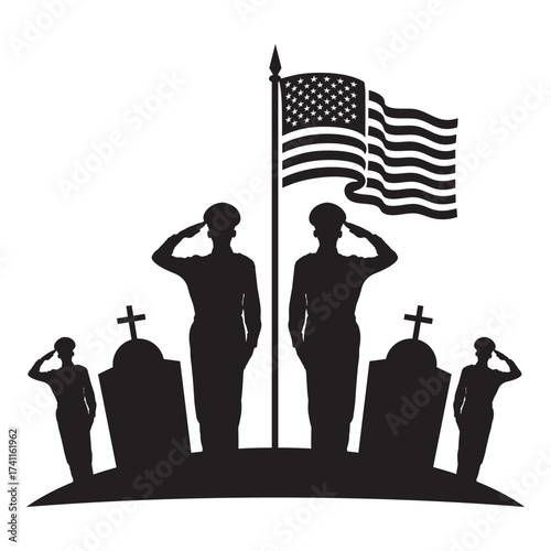 veterans day Silhouette of a soldier saluting beside a tombstone and American flag. Minimalist black-and-white memorial design symbolizing honor, patriotism, and remembrance.