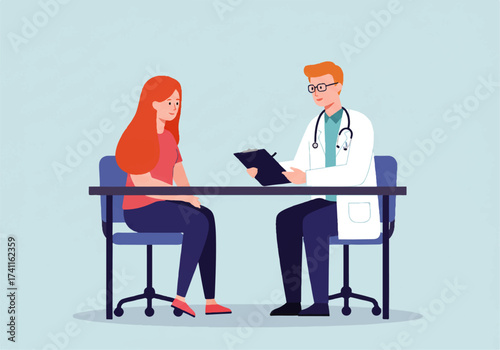 A doctor reviews a patient's medical chart at a desk during a consultation in a clinic setting.