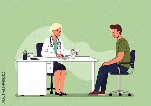 A female doctor reviews medical records with a male patient in her office during a consultation.