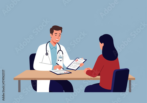 A male doctor in a white coat reviews a patient's medical chart at his desk during a consultation.