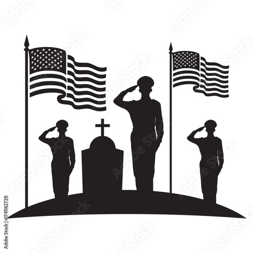 veterans day Silhouette of a soldier saluting beside a tombstone and American flag. Minimalist black-and-white memorial design symbolizing honor, patriotism, and remembrance.