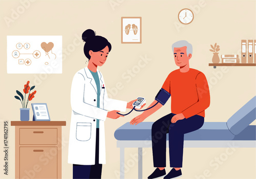 A doctor in a white coat checks the blood pressure of a senior male patient in a medical office setting.