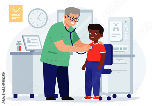A friendly doctor with a stethoscope examines a young African American boy in a bright, clean medical office setting.