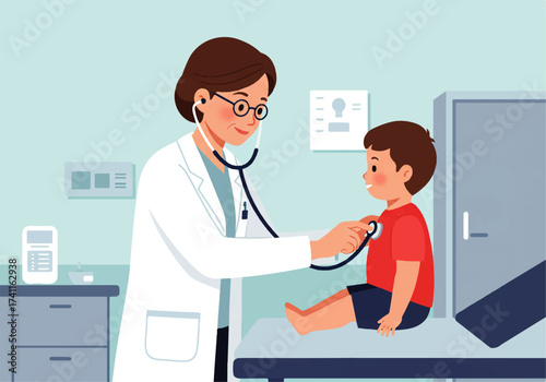 A female doctor wearing glasses uses a stethoscope to examine a young boy sitting on an examination table in a medical office.