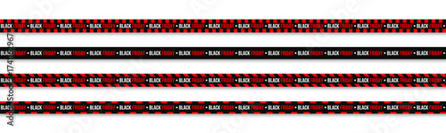Set of Black Friday ribbons. Black Friday seamless tapes and ribbons with text and shadow. Seamless horizontal warning tapes and ribbons with text on transparent background. Vector