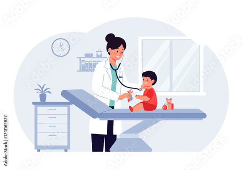 A female doctor in a white coat uses a stethoscope to examine a young child sitting on an examination table in a doctor's office.