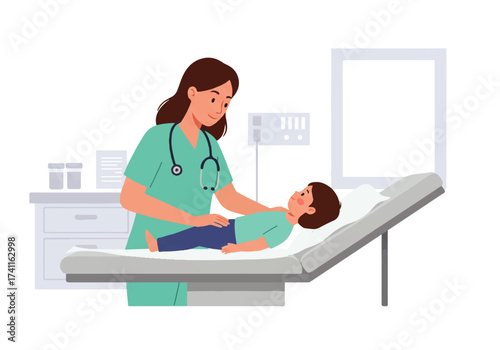 A female doctor in scrubs examines a young child lying on an examination table in a medical office.