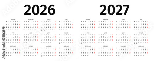 Annual calendar for 2026 and 2027. Calendar template for 2026 and 2027 in black and white colors. Annual calendar mockup on white background. The week starts on Monday. Vector