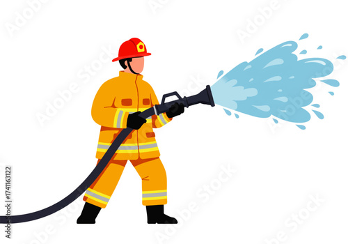 Firefighter in full protective gear holding a hose and spraying a powerful stream of water.