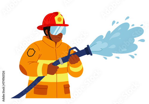 A firefighter in full gear holds a hose and sprays a powerful stream of water.
