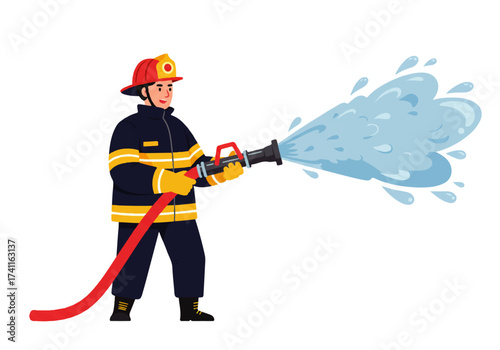 Cartoon illustration of a firefighter in full gear holding a fire hose and spraying water.