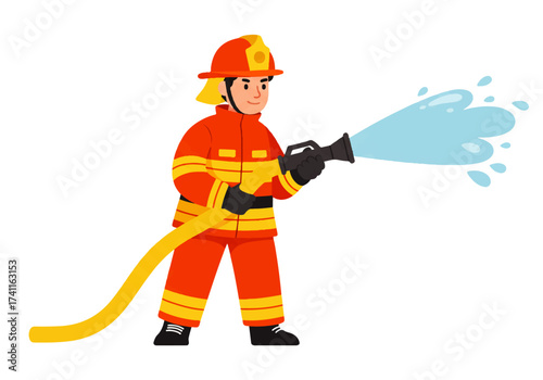Cartoon illustration of a firefighter in full gear spraying water from a hose.