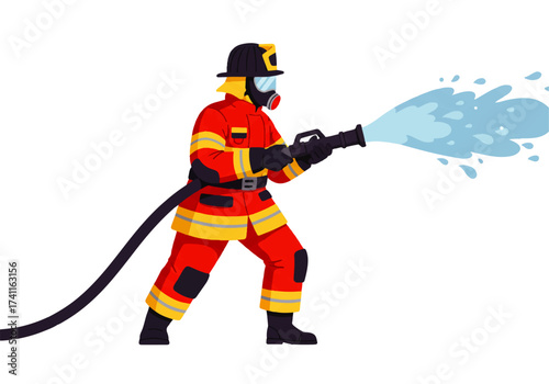 Firefighter in full gear spraying water from a hose, combating a fire.