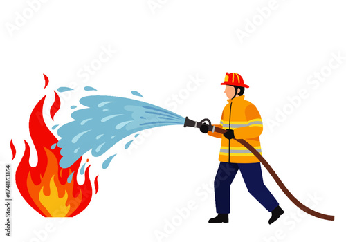 Firefighter in protective gear extinguishing a fire with a hose, spraying water on the flames.