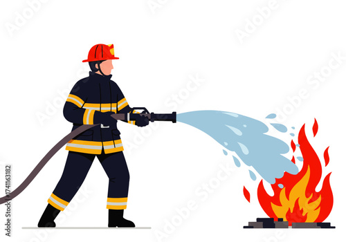 A firefighter wearing protective gear is spraying water from a hose to extinguish a fire.