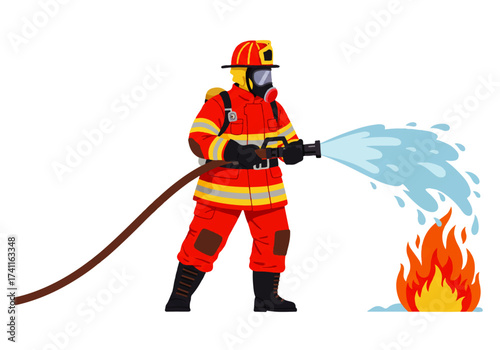 Firefighter in full gear extinguishing a fire with a hose, spraying water on the flames.