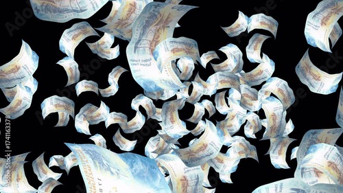 Set Of Canadian Dollar, Swiss Franc, Chinese Yuan, Hong Kong Dollar, And New Zealand Dollar Banknotes Explosion With Transparent Background