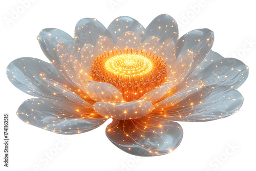 A frosted glass white lotus flower with an intensely glowing golden and orange core, shimmering dust particles, isolated on a clean white background.