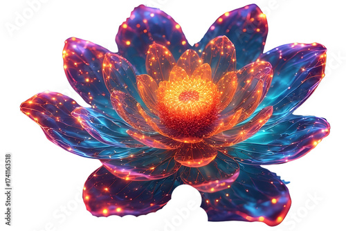A multi-colored neon bioluminescent lotus flower with vivid pink, blue, and orange petals, glowing intensely, isolated on a white background, vibrant digital art.