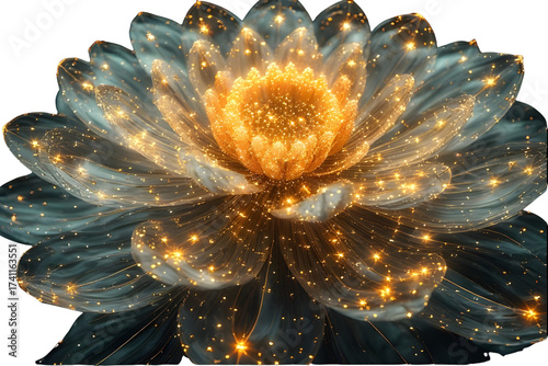 A dark charcoal and golden lotus flower covered in brilliant shimmering yellow sparkles and glitter, glowing light from within, isolated on a light gradient background.