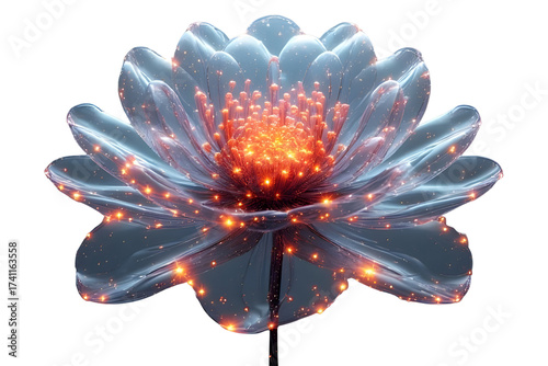 A translucent bioluminescent blue lotus flower with a fiery orange glowing center stamen, isolated on a white background, 3d digital render style, crisp clean lighting.