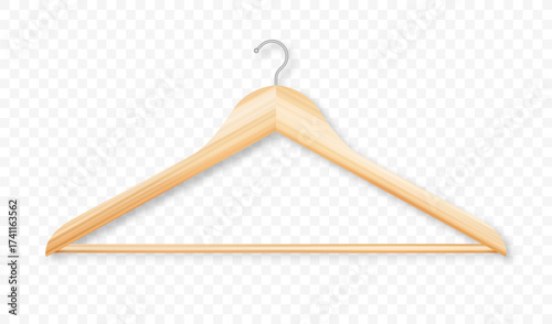 Wooden coat hanger. Realistic wooden hanger isolated on a transparent background. Brown wooden clothes hanger with hook. Vector