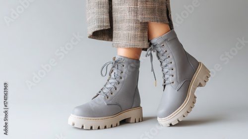 Close up of stylish chunky winter boots on a woman s legs, smooth grey background with empty space for text, modern fashion footwear photography