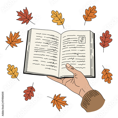 hand holding an open book and surrounded by autumn leaves doodle, cozy reading sketch
