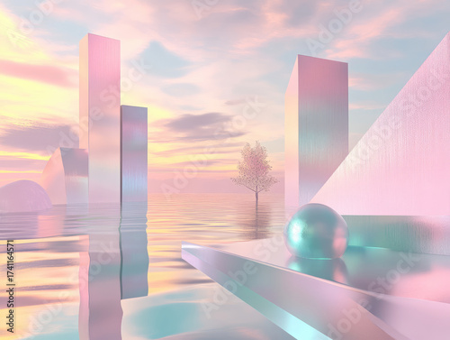 Surreal 3D landscape featuring ive geometric shapes, water surface, and solitary tree under colorful sky. scene evokes sense of wonder and ity