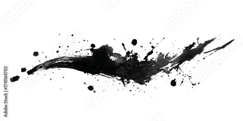 Abstract black ink splatter and drops forming an organic shape isolated on white background