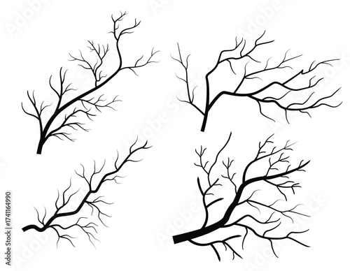 Minimal naked tree vector silhouette dead tree branches isolated on white background design