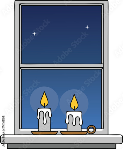 Two lit candles on a windowsill with melting wax, set against a starry night sky, creating a peaceful and cozy ambience