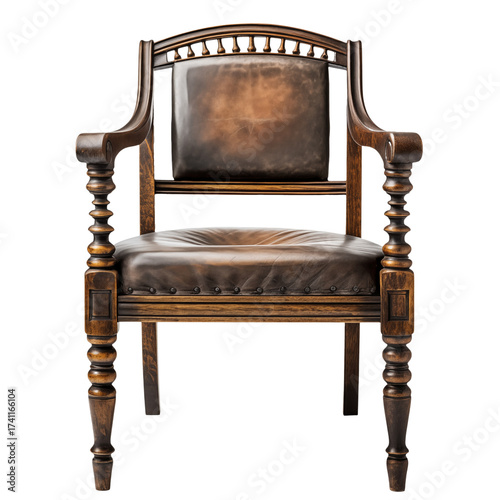 Vintage Leather Armchair – Ornate Carved Wood, Isolated Transparent Background